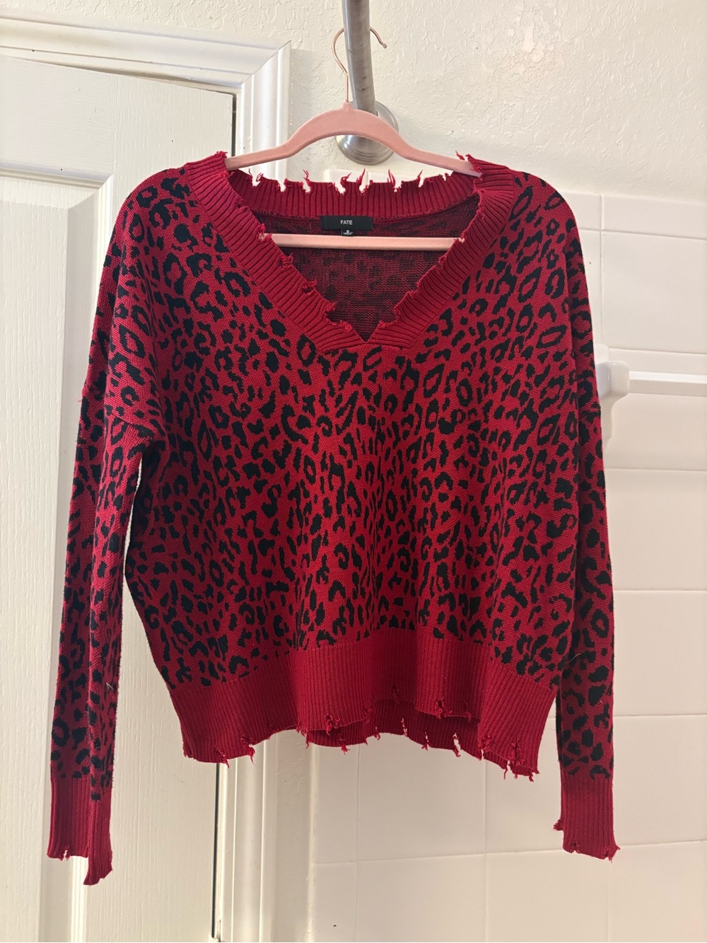 Fate Red and Black Leopard-Print Distressed V-Neck Sweater